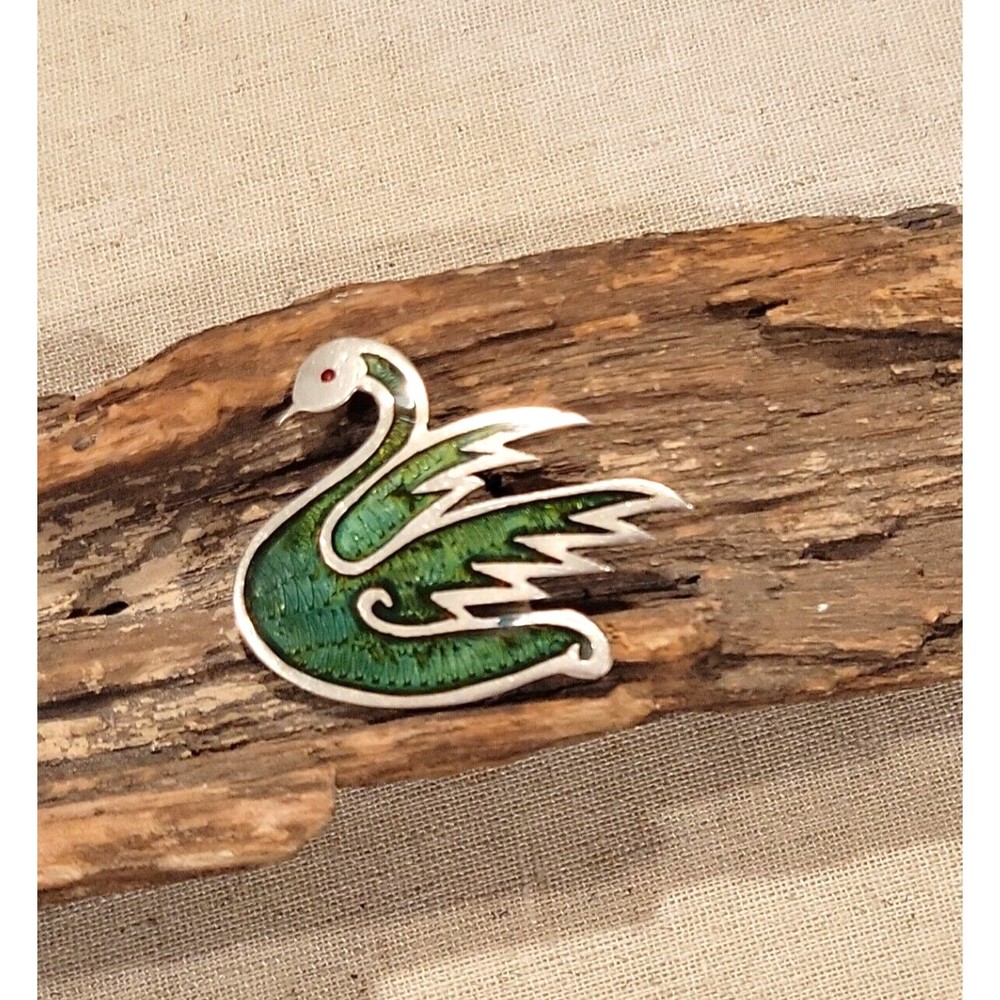 Vintage 925 Sterling Silver Inlay Swan Brooch Artist Signed JS Taxco Mexico MCM